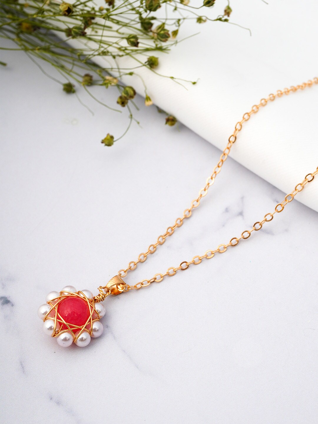 

Emmie Orange Artificial Stone Studded Pendant With Chain