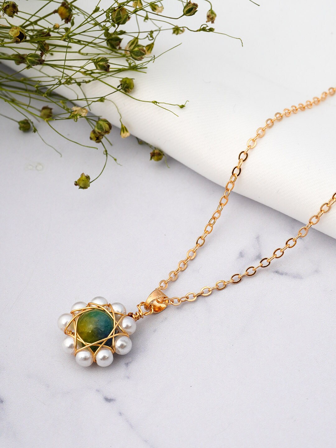 

Emmie Gold-Plated Green & White Pearl Flower Pendant