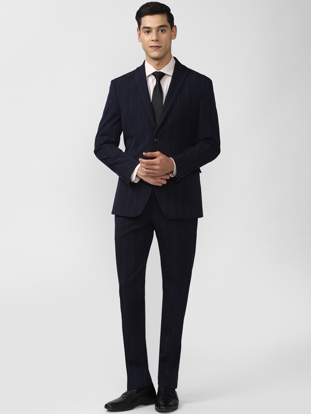 

Peter England Elite Men Navy Blue Checked Slim-Fit Single-Breasted Two-Piece Formal Suit