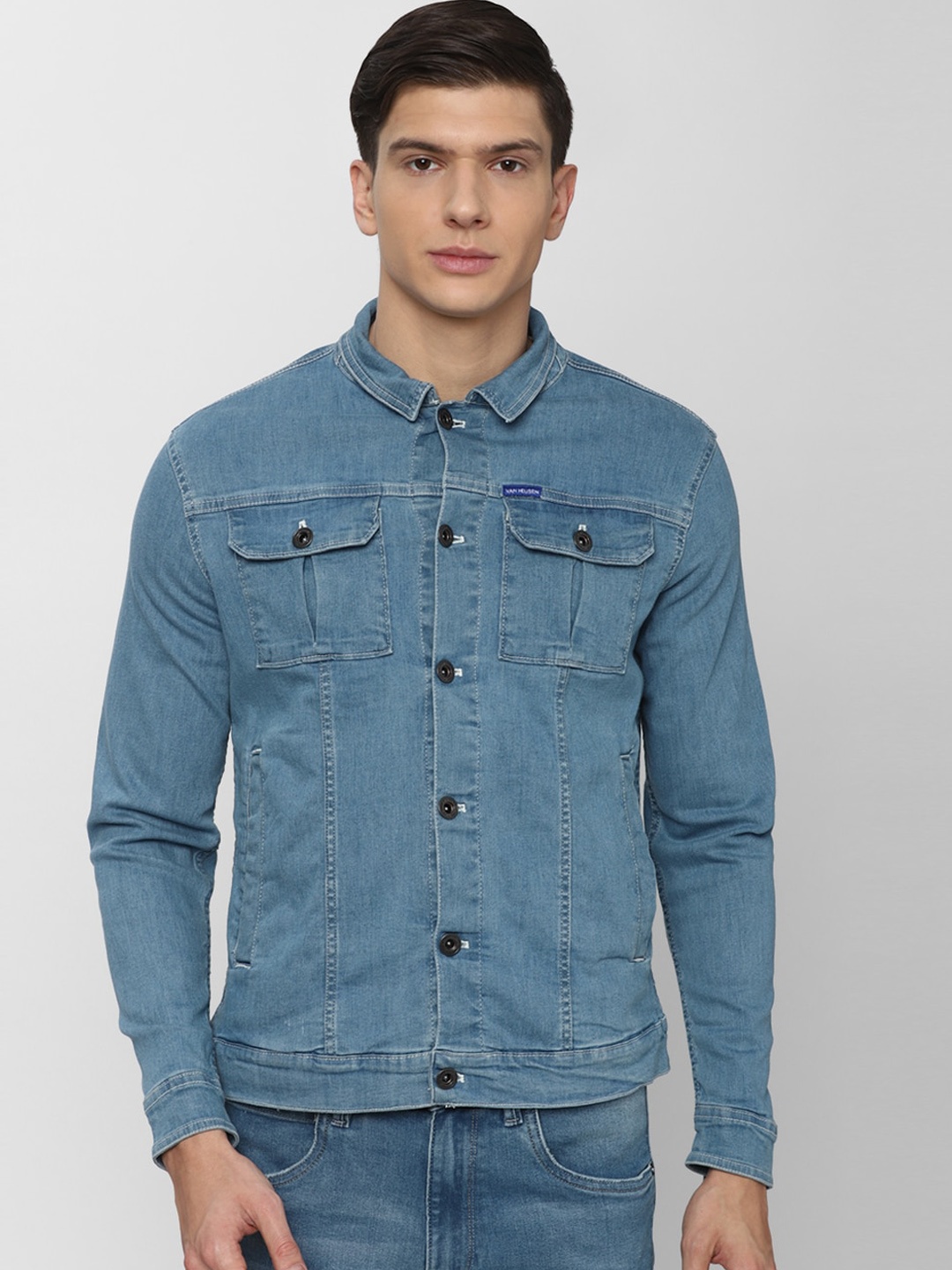 

VAN HEUSEN DENIM LABS Men Blue Washed Denim Jacket with Patchwork