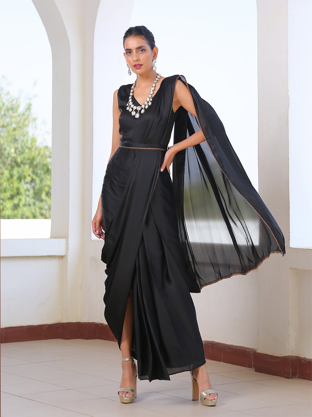 

Swtantra Black Satin Ready to Wear Saree