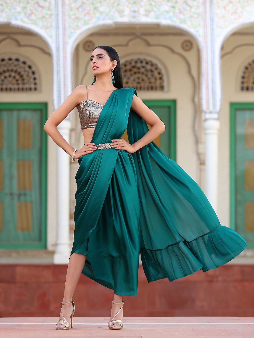 

Swtantra Green Satin Saree with Belt