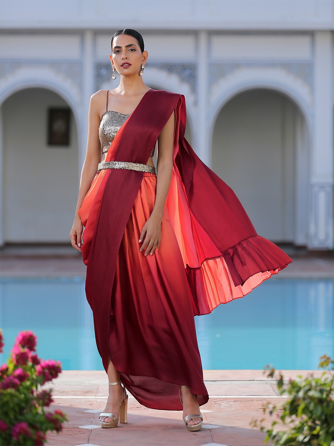 

Swtantra Red Satin Pant style Saree with Belt