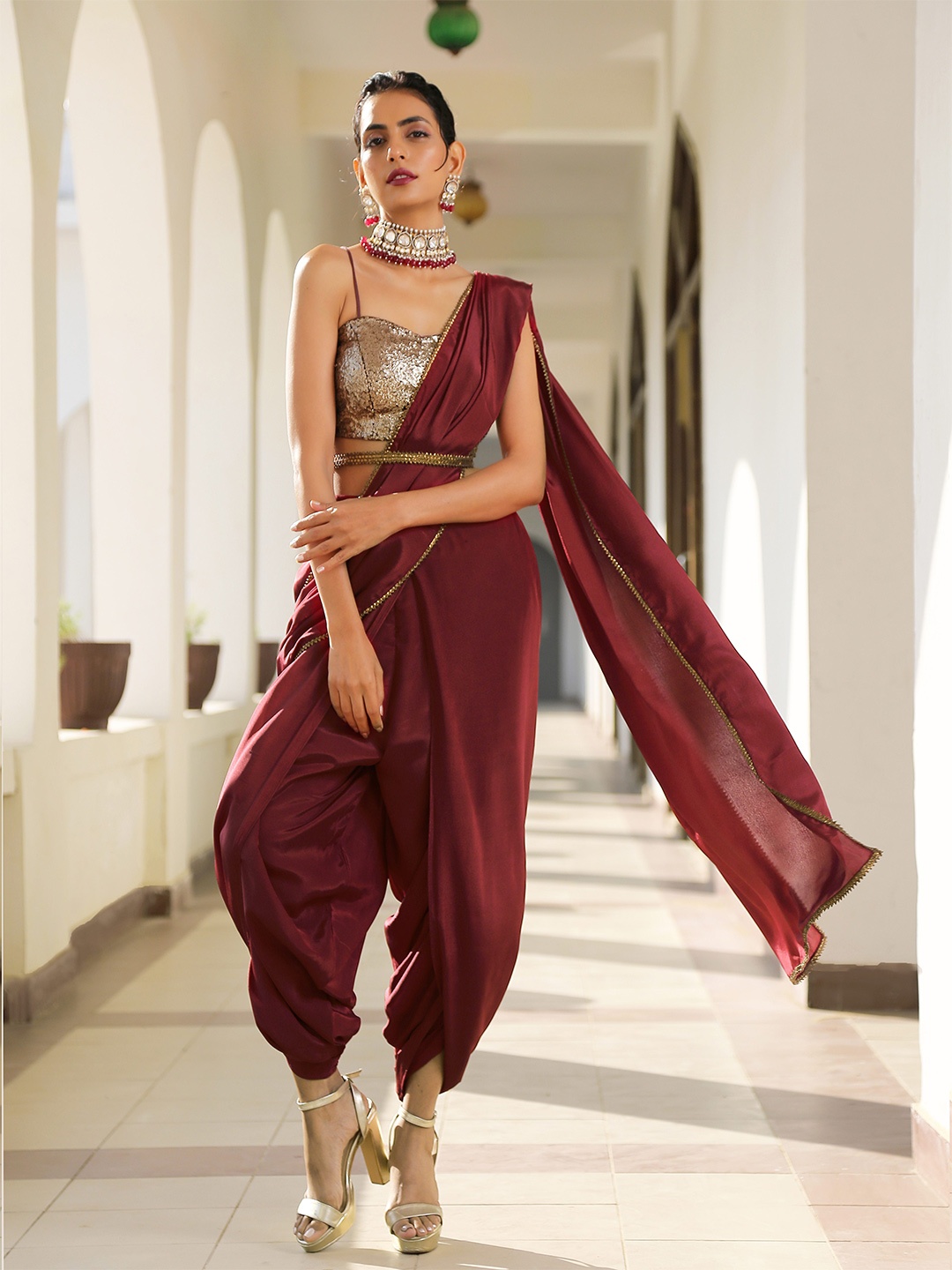 

Swtantra Maroon Satin Saree