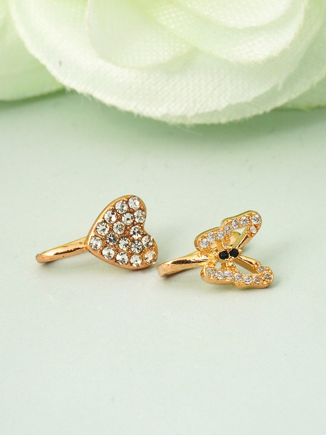 

Ferosh Women Set Of 2 Gold Plated Crystal Stone studded Heart Butterfly Nosepin