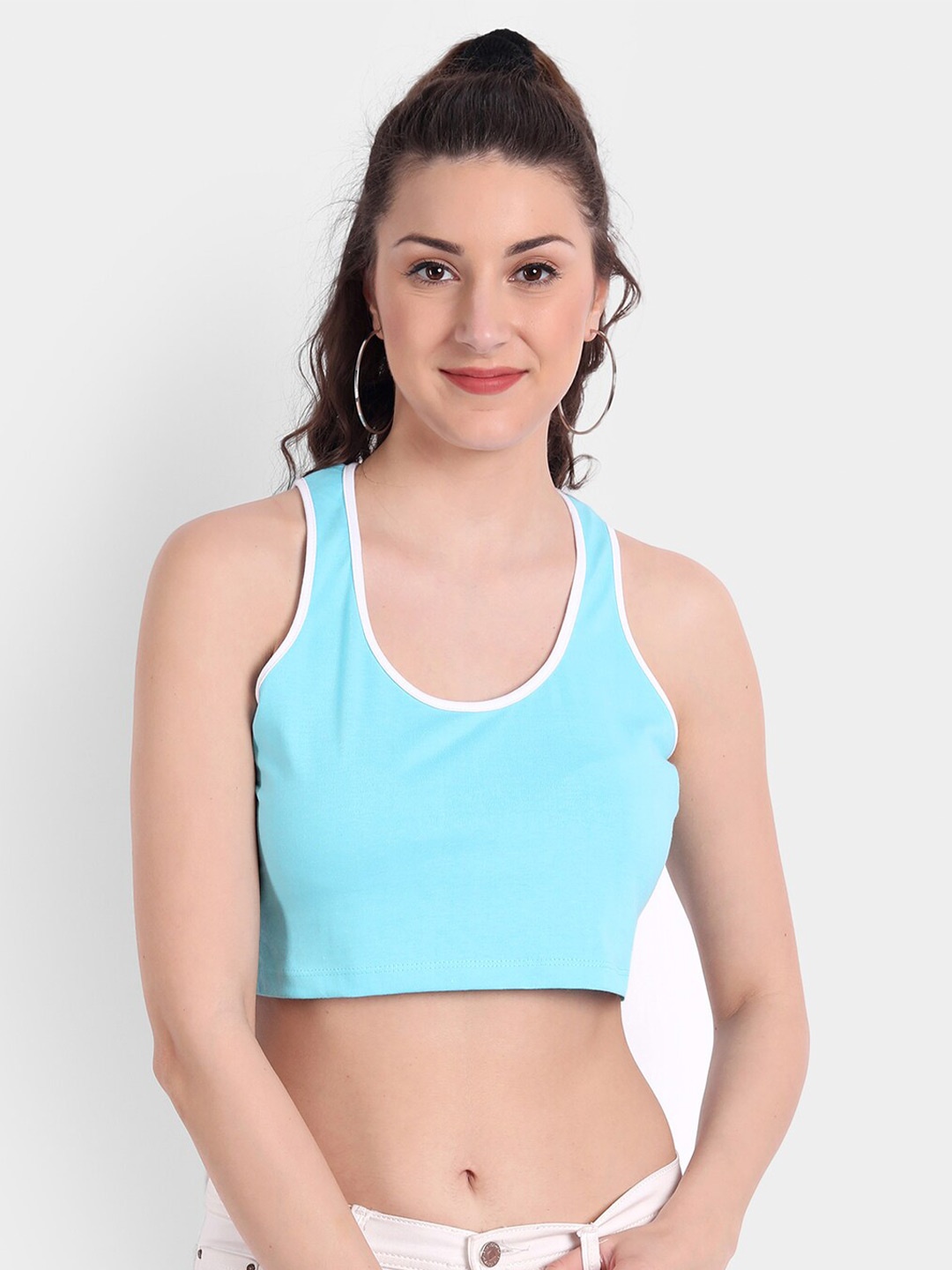 COLOR CAPITAL Blue Solid Pure Cotton Crop Tank Top