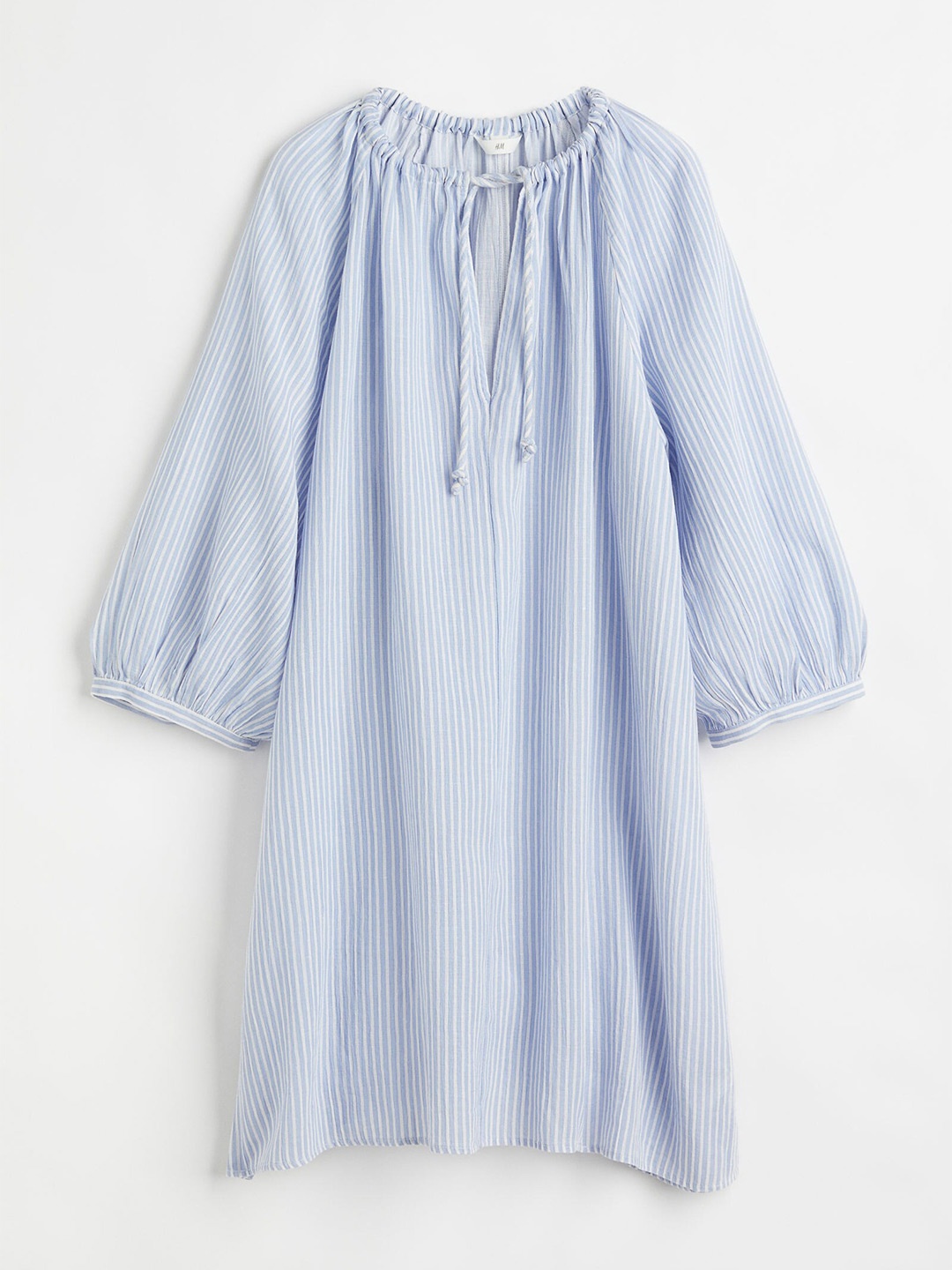 

H&M Women Blue & White Striped Balloon-Sleeved Dress