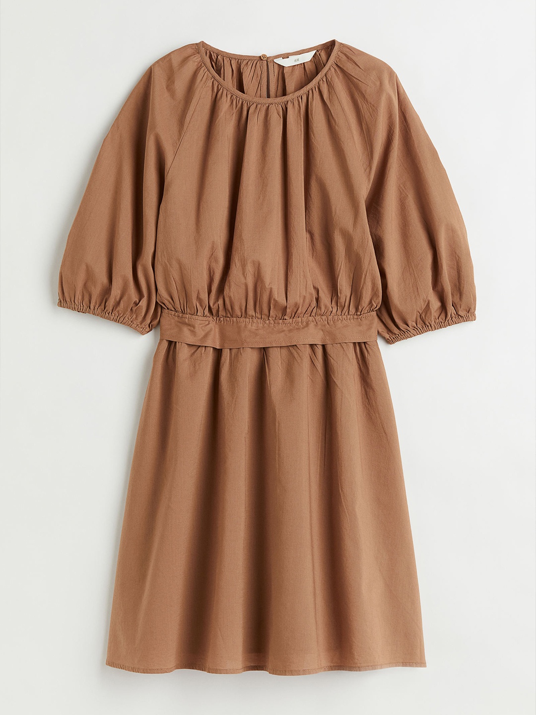 

H&M Brown Solid Tie-Back Pure Cotton Blouson Dress, Beige