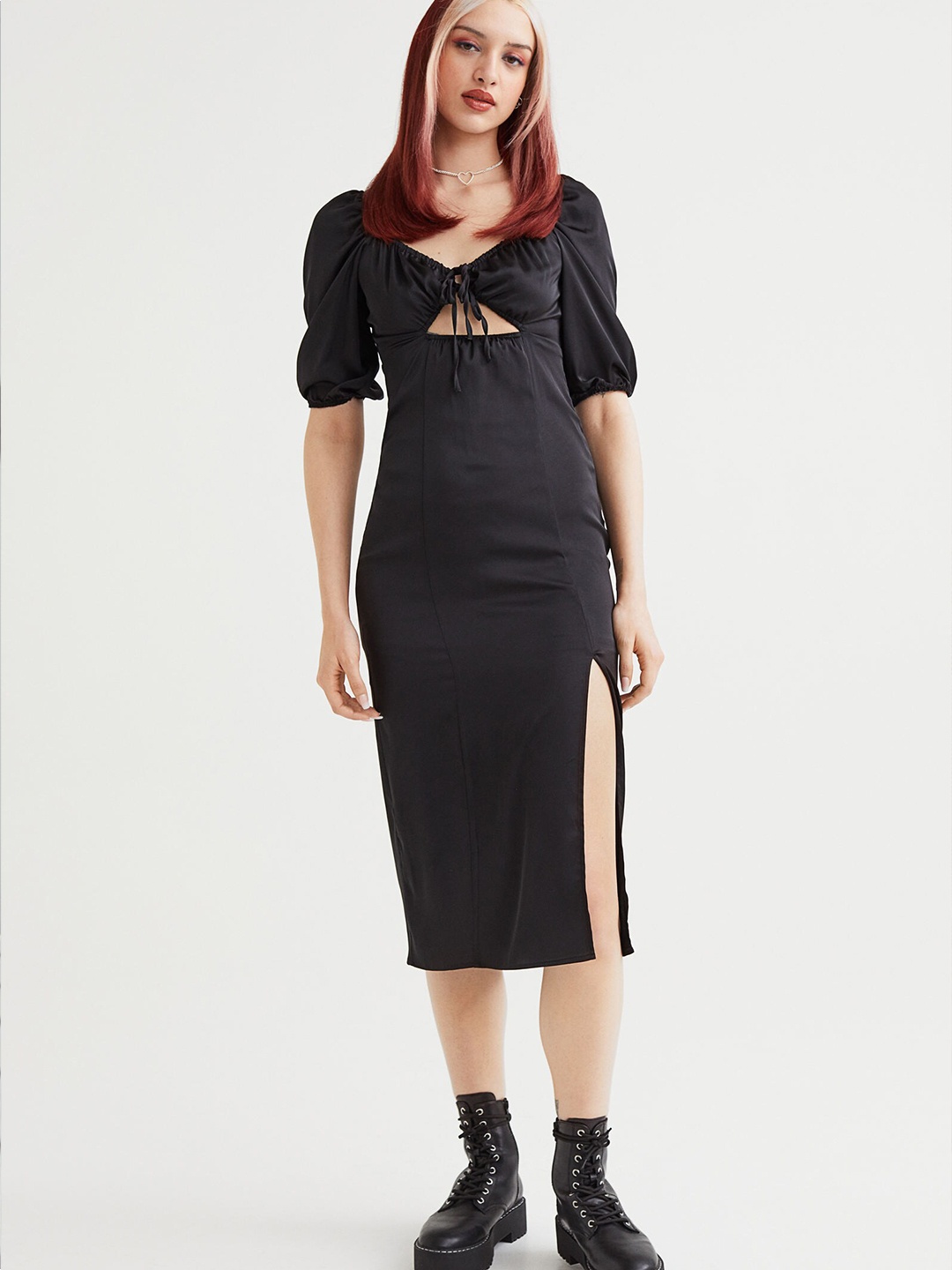 

H&M Women Black Solid V-neck Puff-Sleeved Satin Dress