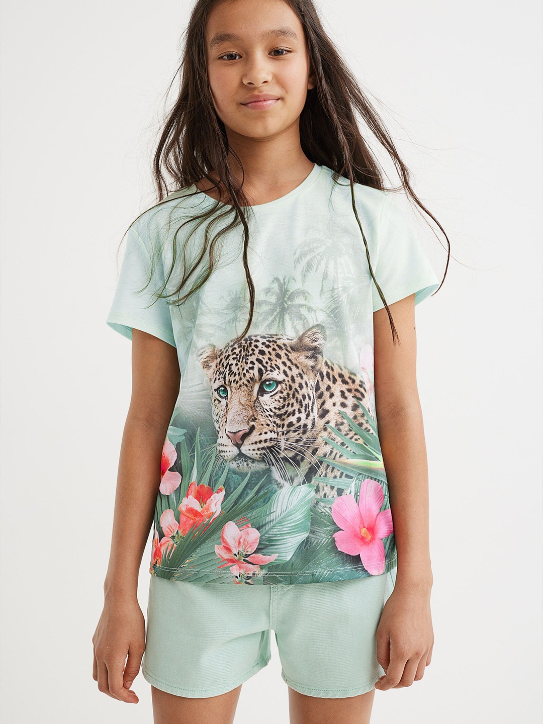 

H&M Girls Turquoise Blue Printed T-shirt