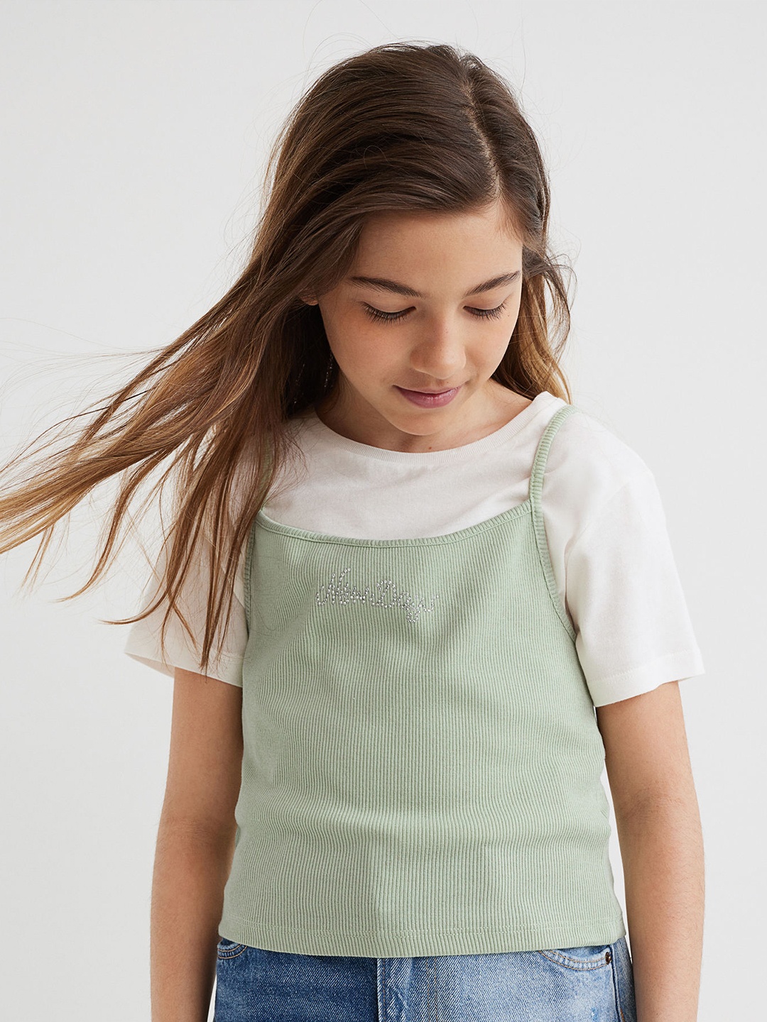 

H&M Girls Pack Of 2 Green & White Pure Cotton Tops