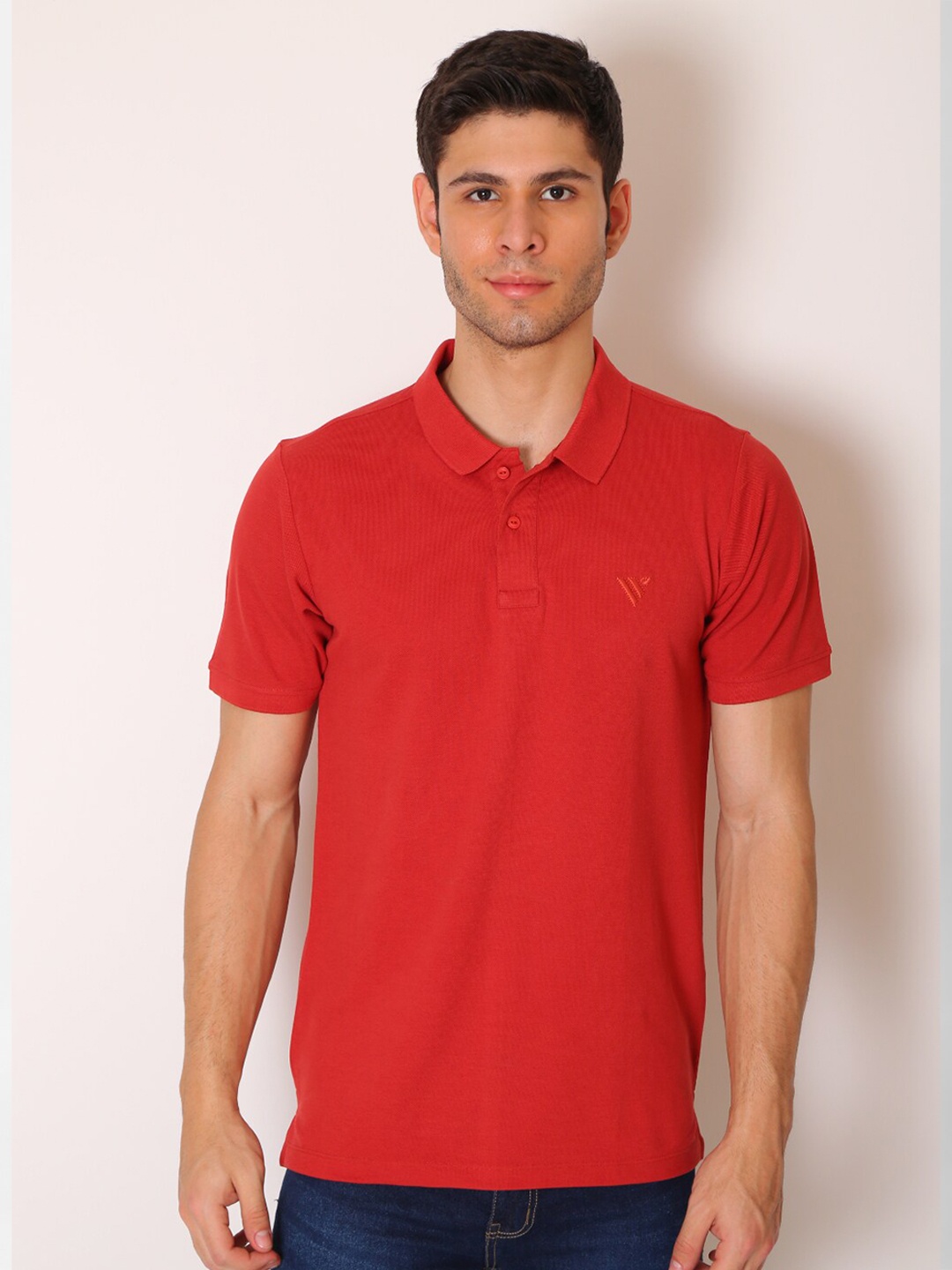 

VINSON Men Red Polo Collar Slim Fit T-shirt