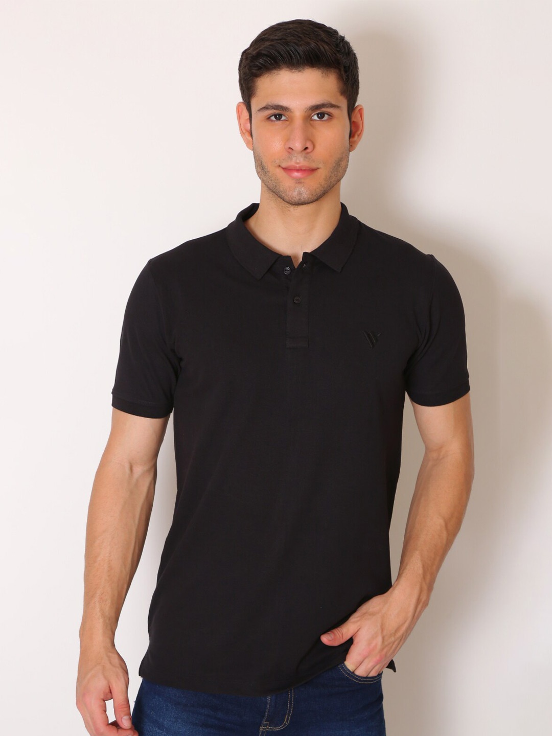 

VINSON Men Black Polo Collar Slim Fit Casual T-shirt