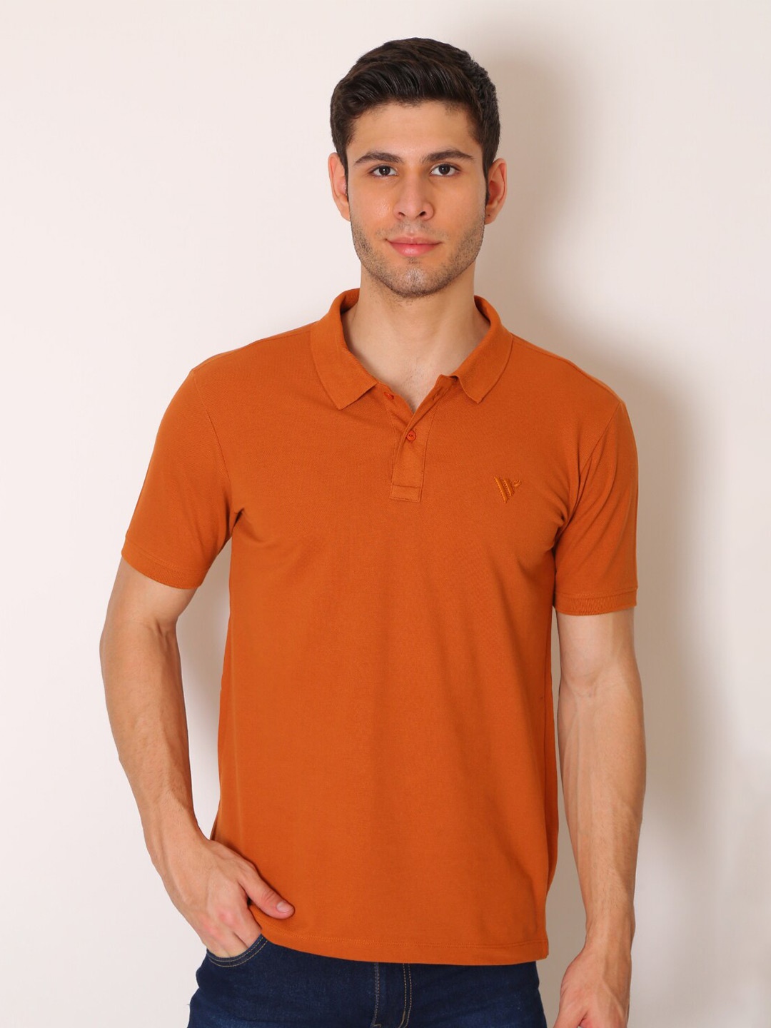 

VINSON Men Orange Polo Collar Slim Fit T-shirt