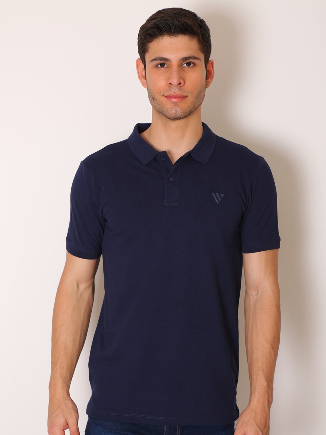 

VINSON Men Navy Blue Polo Collar Slim Fit T-shirt