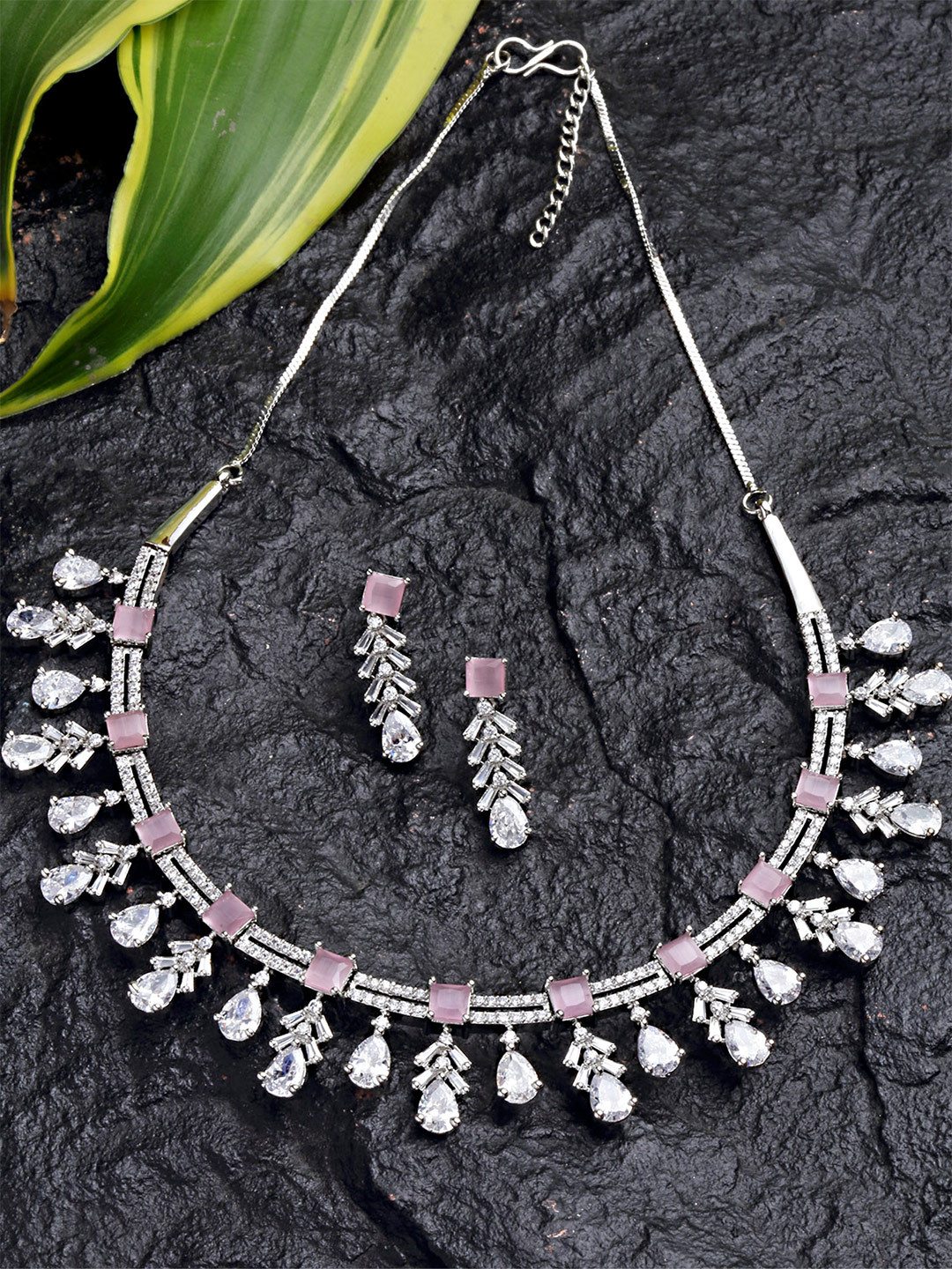 

KARATCART Silver-Plated Pink & White CZ-Studded Handcrafted Jewellery Set