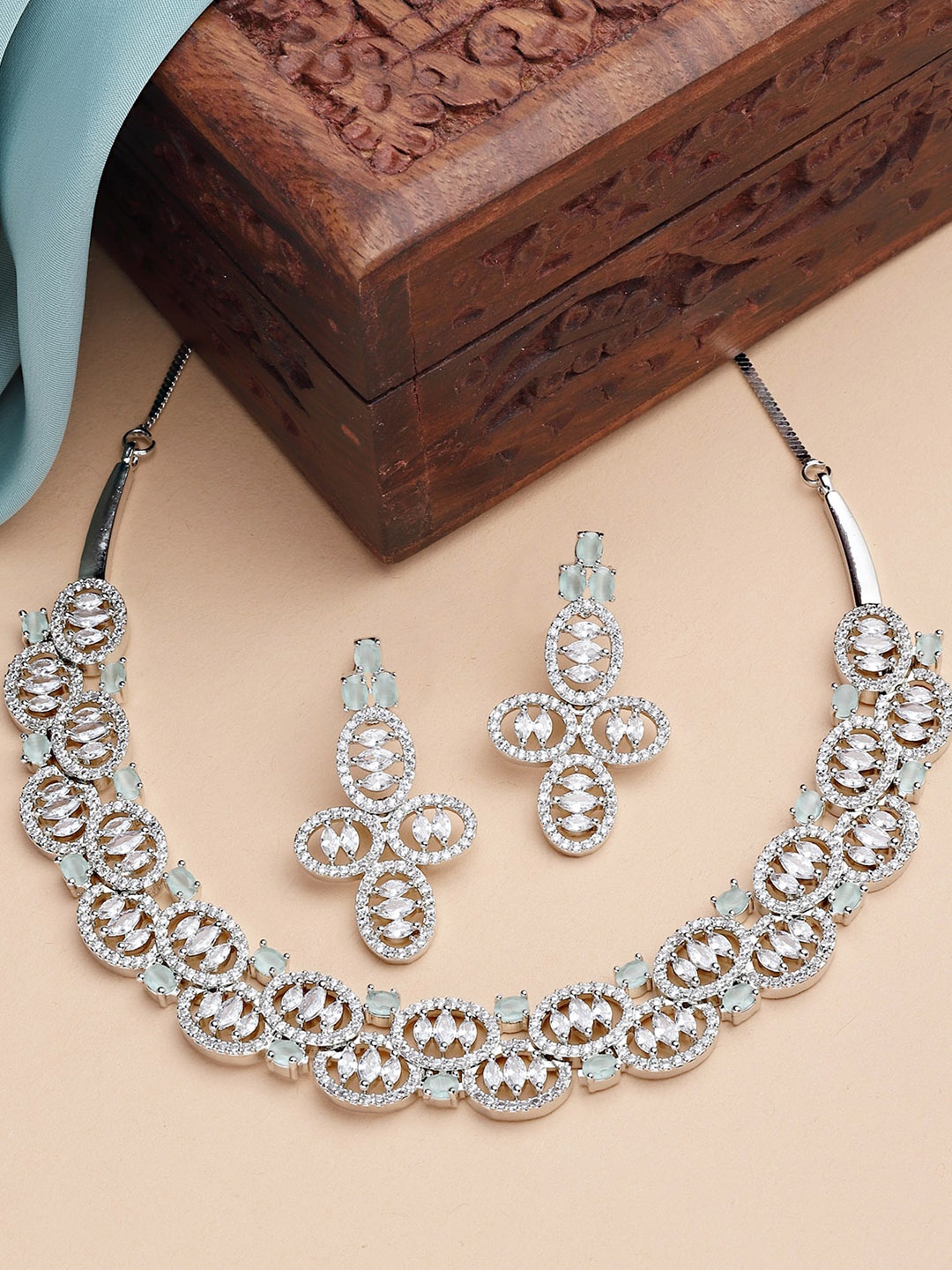 

KARATCART Silver-Plated & Lime Green AD-Studded Jewellery Set