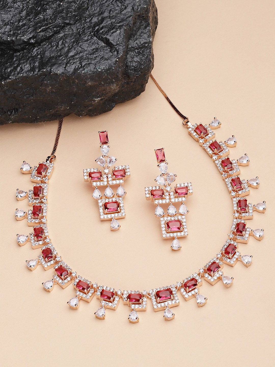 

KARATCART Women Rose Gold-Plated Red & White CZ-Studded Handcrafted Jewellery Set