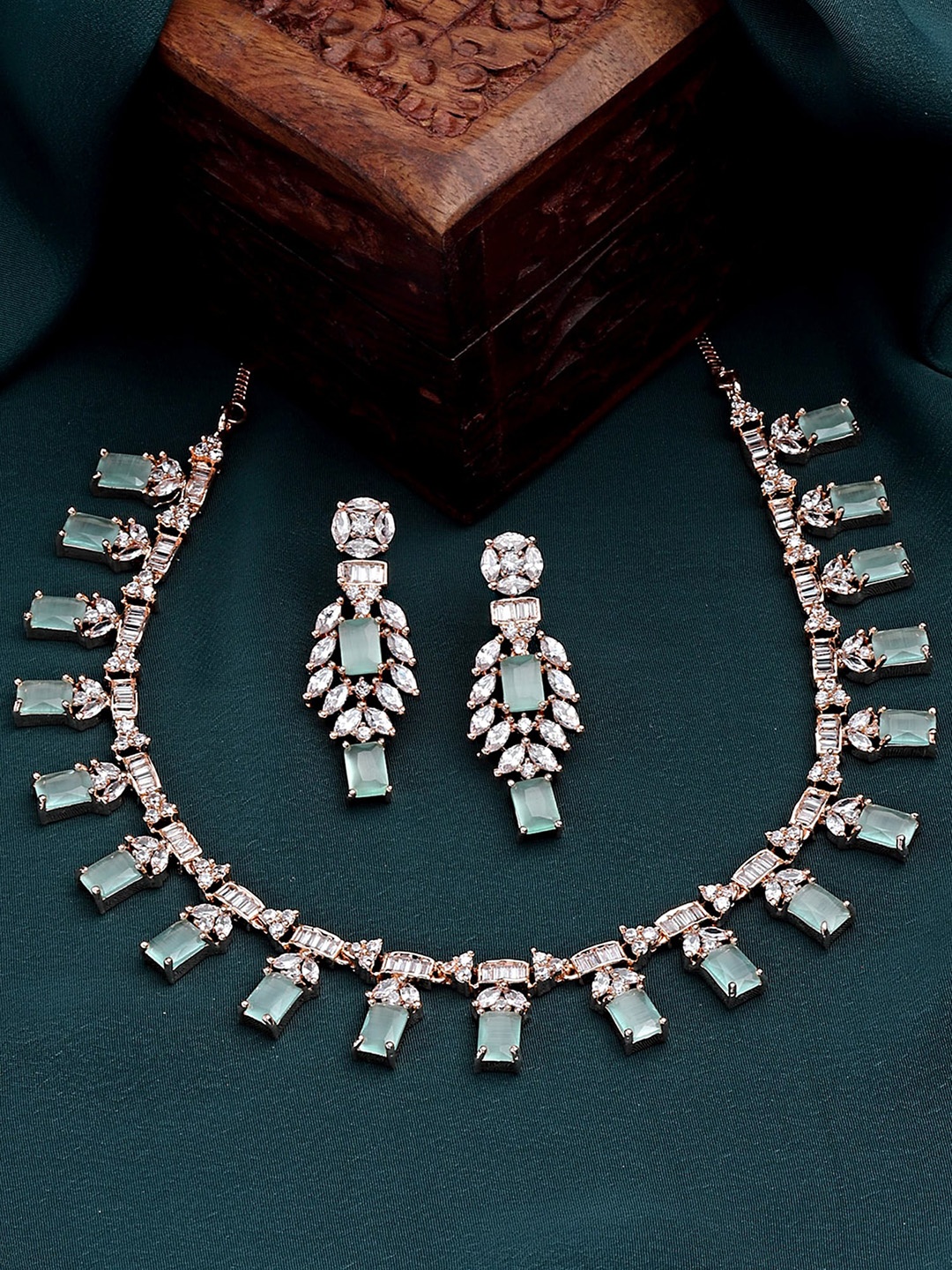 

KARATCART Rose Gold-Plated White & Green AD-Studded Jewellery Set