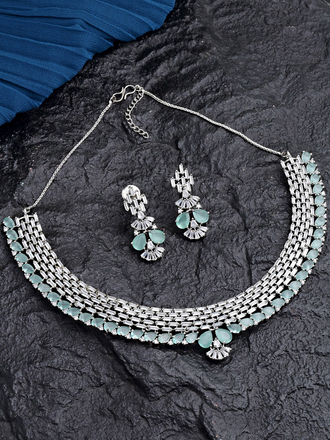

KARATCART Silver-Plated Lime Green AD Stone Studded Jewellery Set