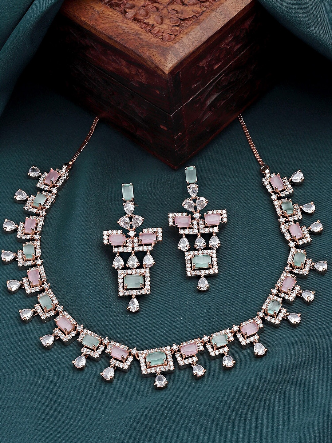 

KARATCART Rose Gold-Plated Pink Colored Handcrafted AD Studded Jewellery Set