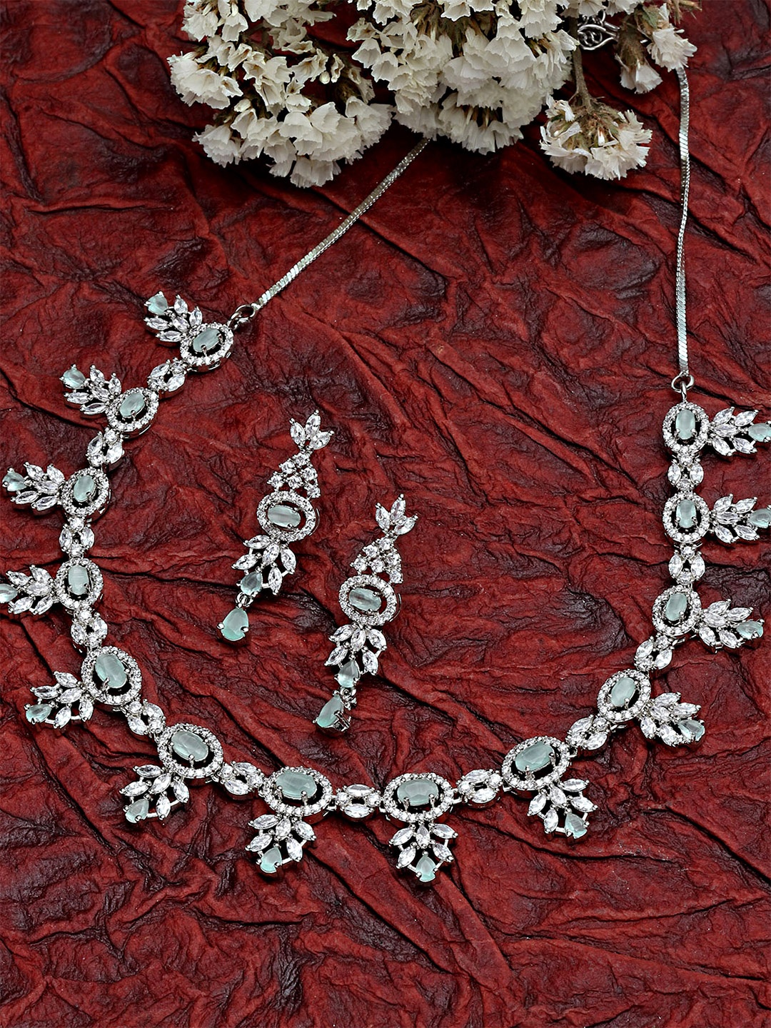 

KARATCART White & Green Silver Plated Cubic Zirconia Studded Jewellery Set