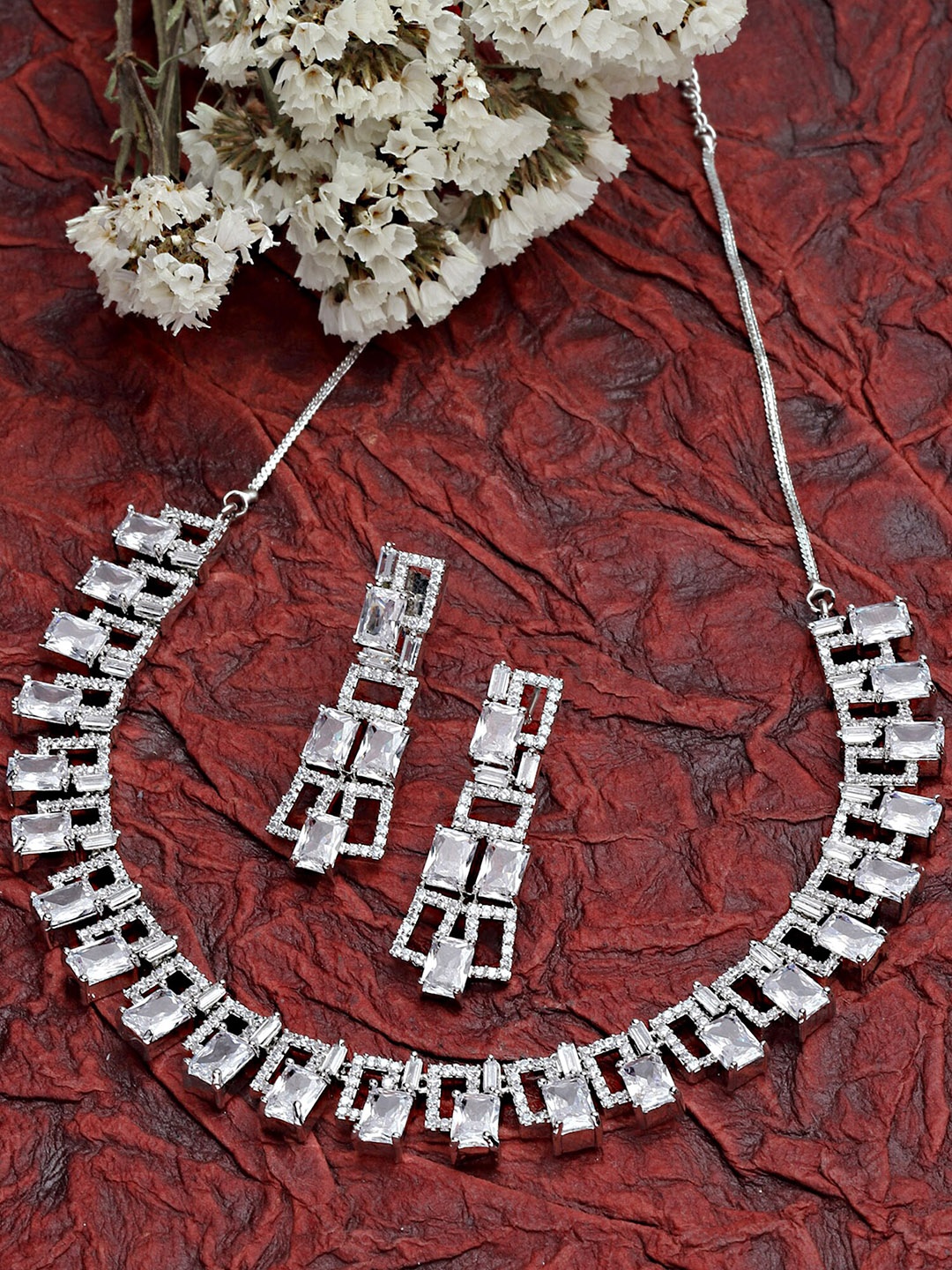 

KARATCART Silver-Plated White American Diamond Studded Jewellery Set