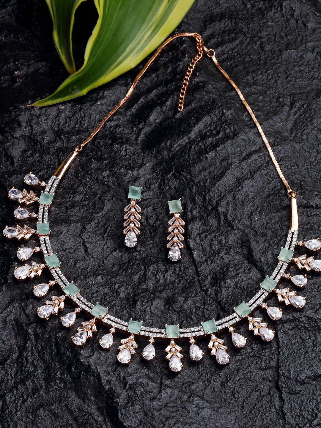 

KARATCART Rose Gold-Plated & White Cubic Zirconia Studded Jewellery Set, Lime green