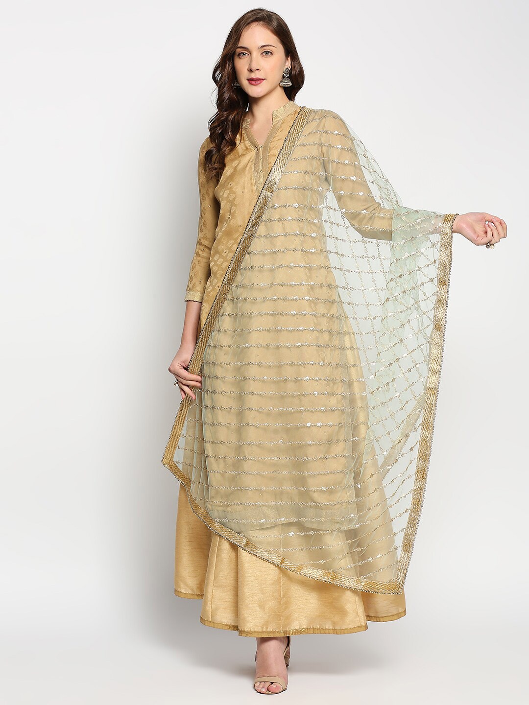 

Dupatta Bazaar Green & Gold-Toned Ethnic Motifs Embroidered Dupatta with Zardozi