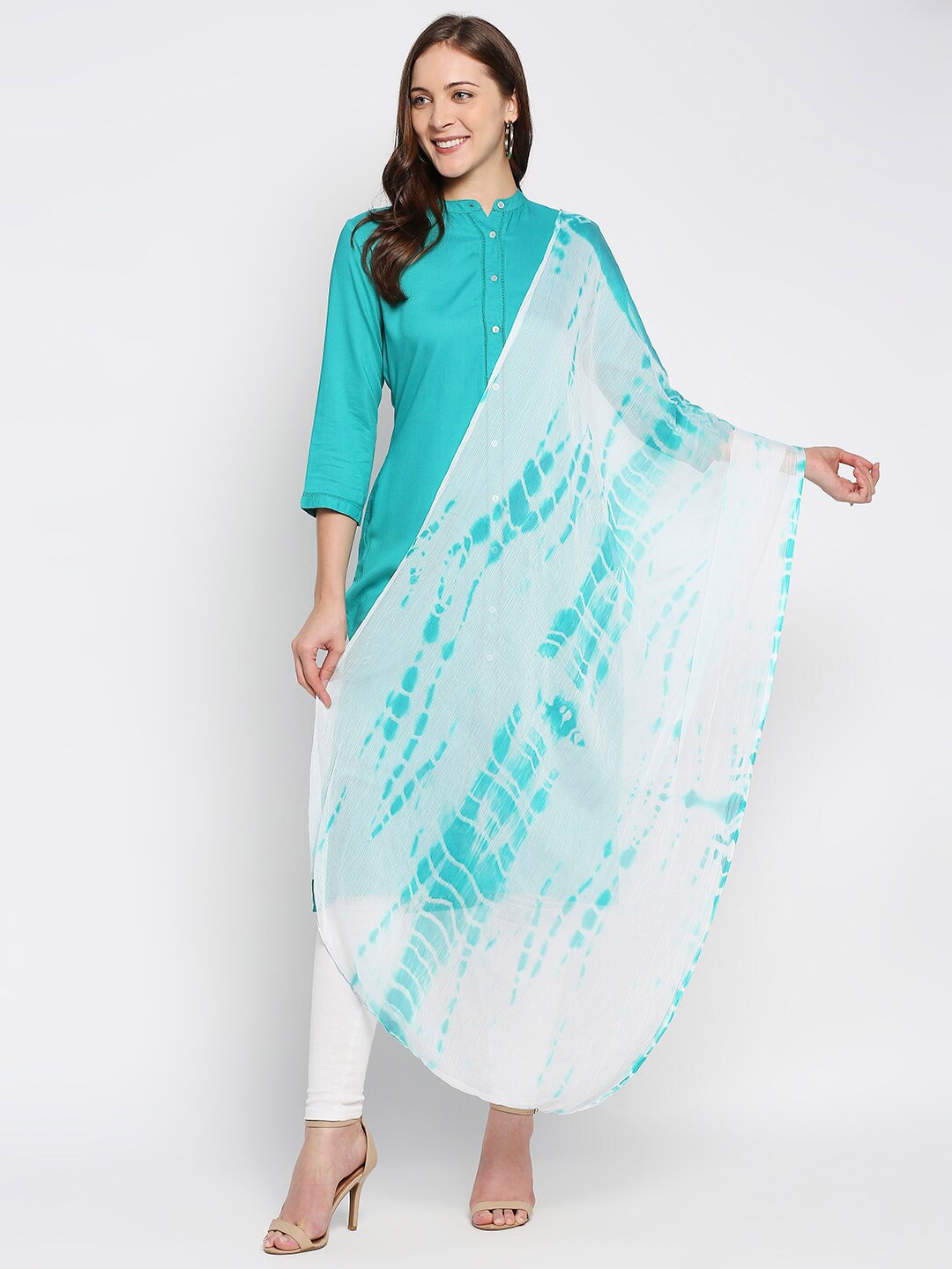 

Dupatta Bazaar Green & White Printed Tie and Dye Shibori Dupatta