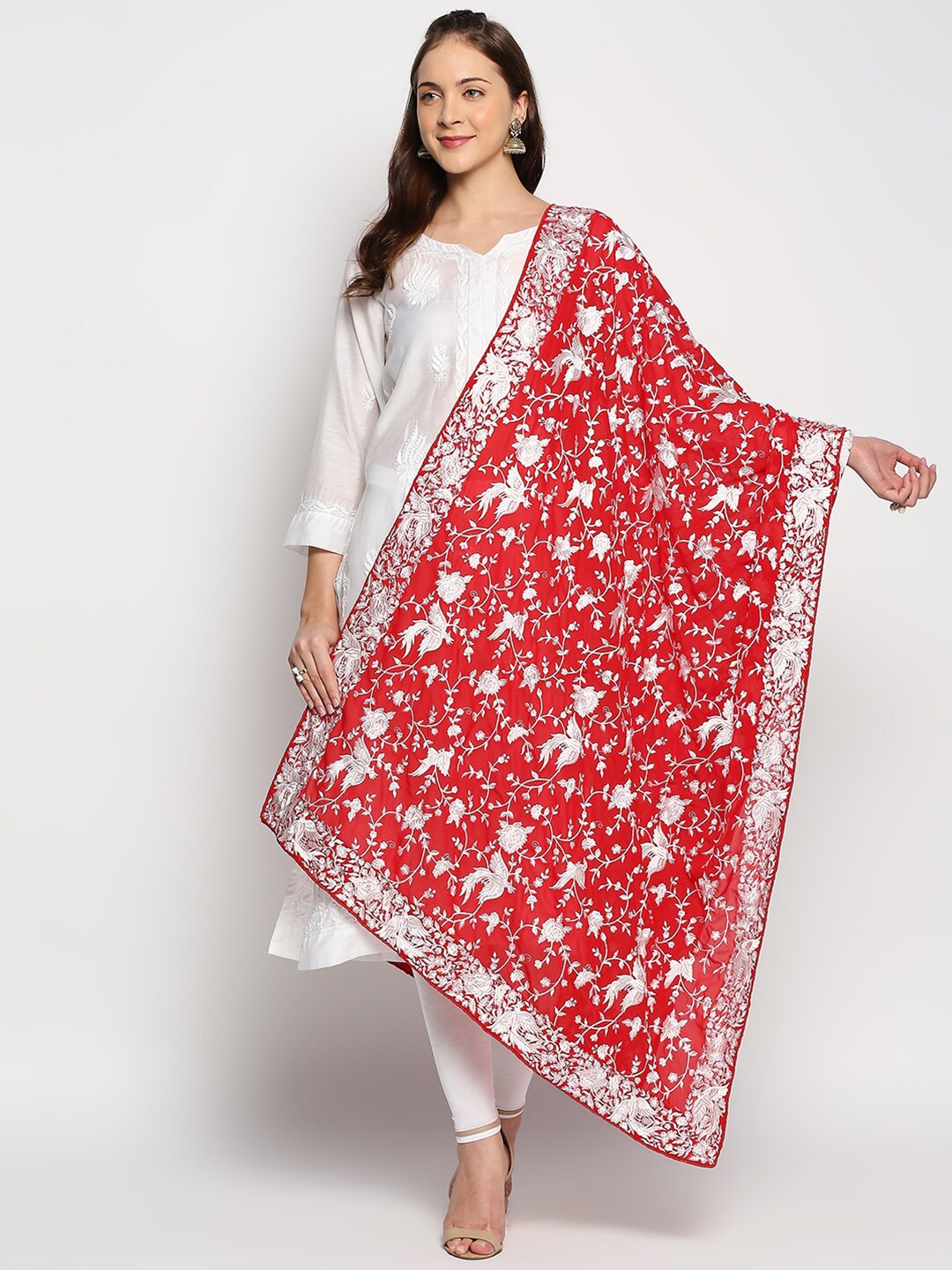 

Dupatta Bazaar Red & White Embroidered Dupatta with Thread Work
