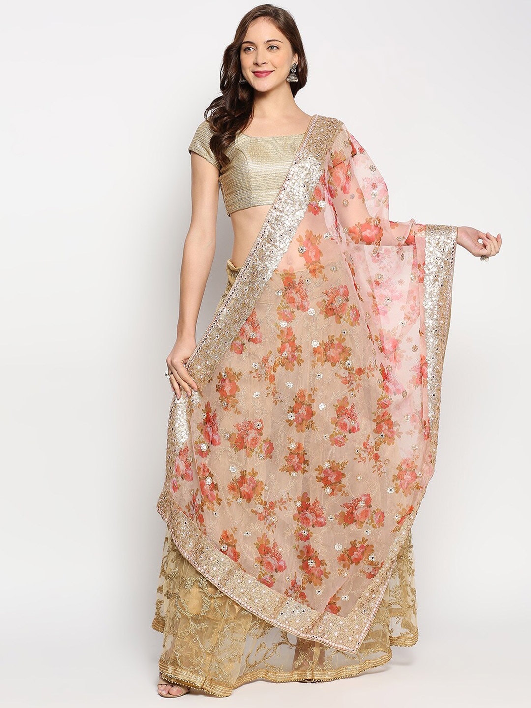 

Dupatta Bazaar Peach-Coloured & Gold-Toned Floral Embroidered Organza Dupatta