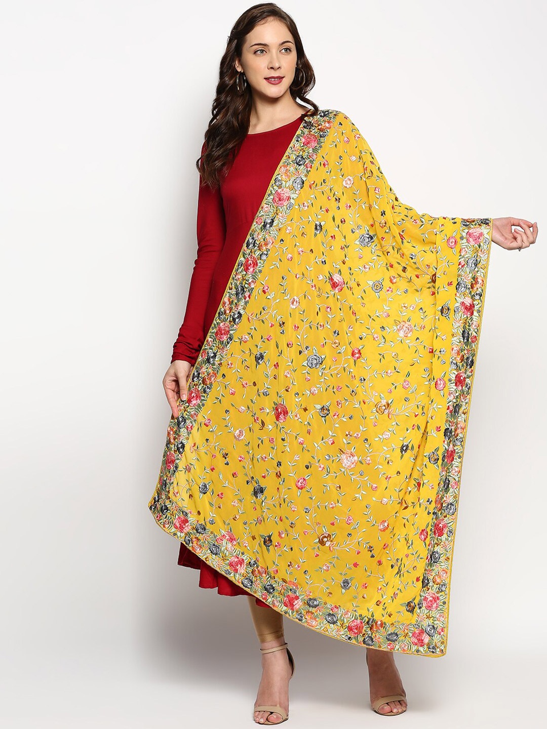 

Dupatta Bazaar Yellow & Pink Embroidered Dupatta with Thread Work