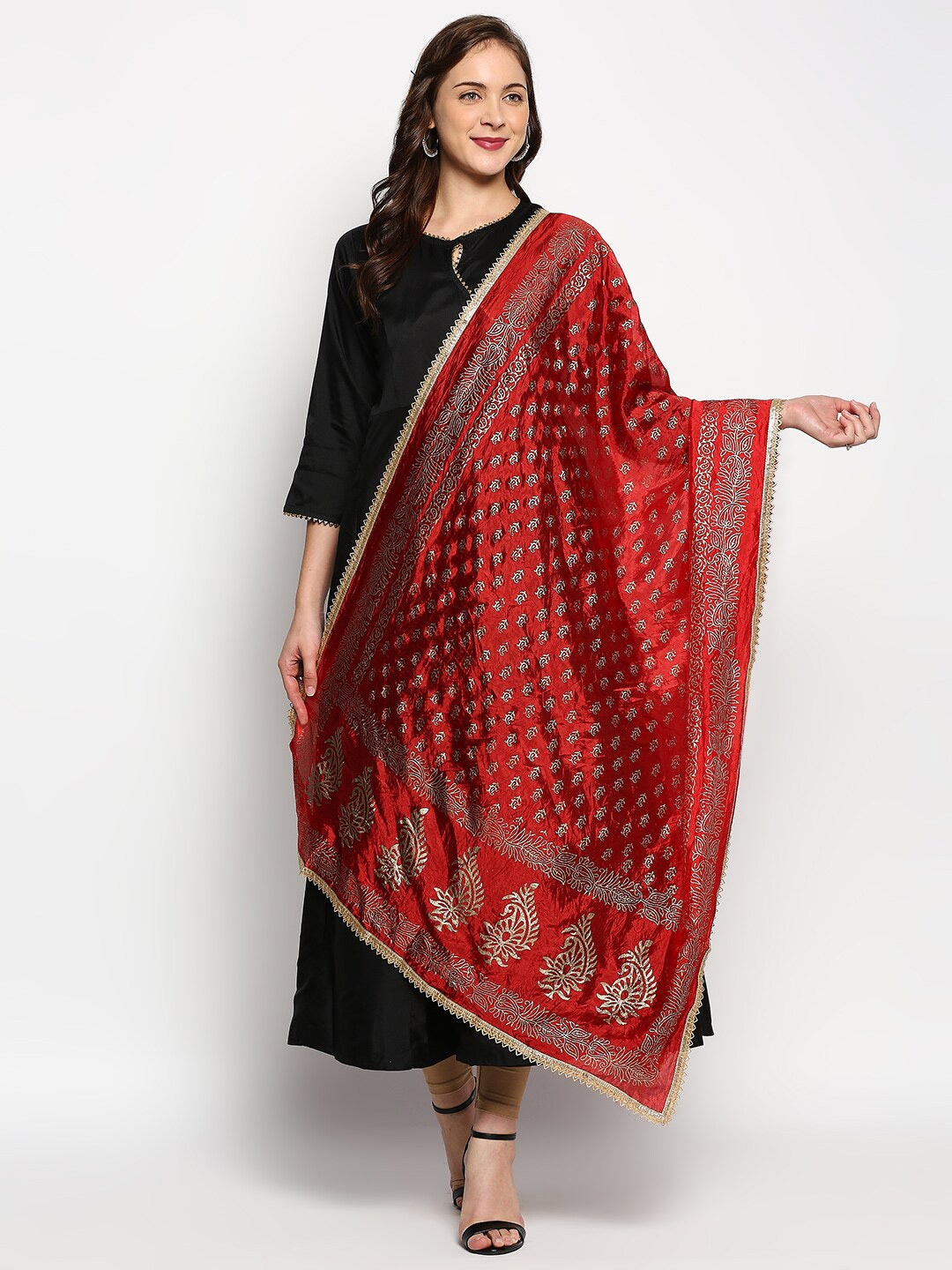 

Dupatta Bazaar Red & Gold-Toned Ethnic Motifs Printed Khari Print Dupatta