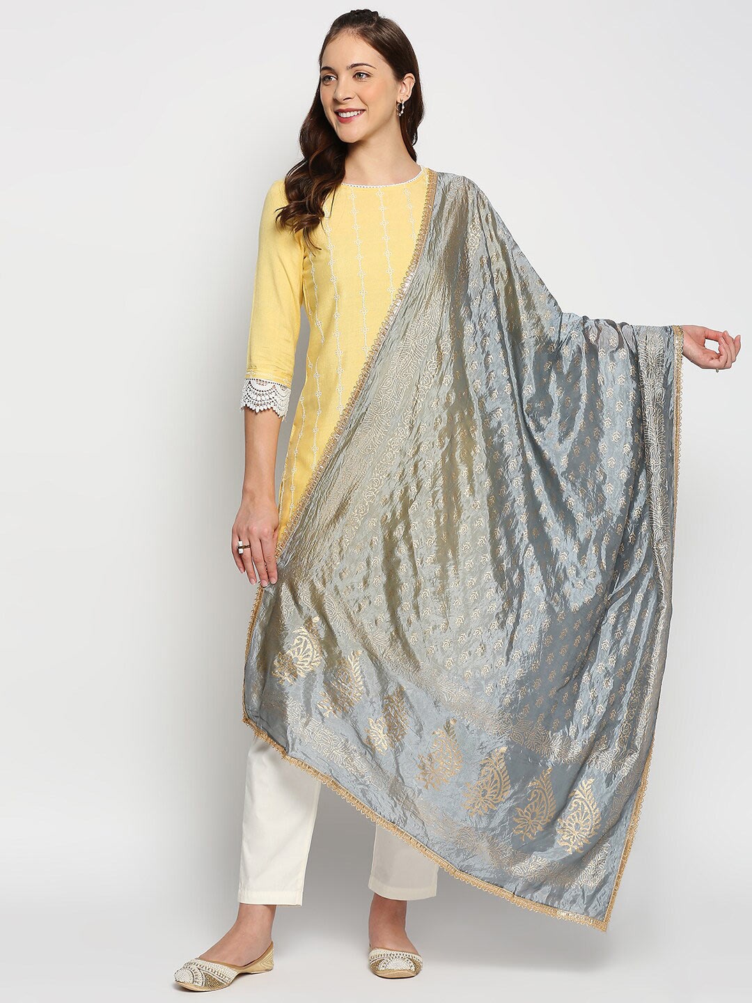

Dupatta Bazaar Grey & Gold-Toned Ethnic Motifs Printed Khari Print Dupatta