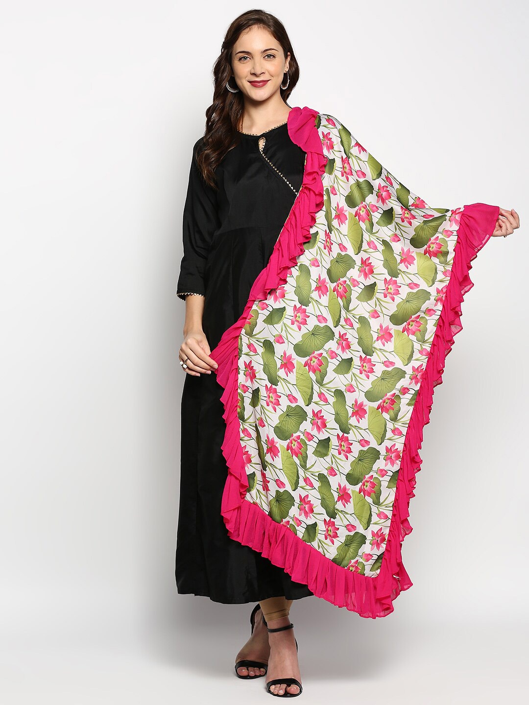 

Dupatta Bazaar Off White & Green Printed Pichwai Dupatta With Ruffles
