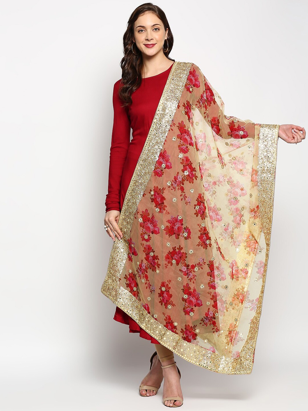 

Dupatta Bazaar Yellow & Red Ethnic Motifs Embroidered Organza Dupatta with Sequinned