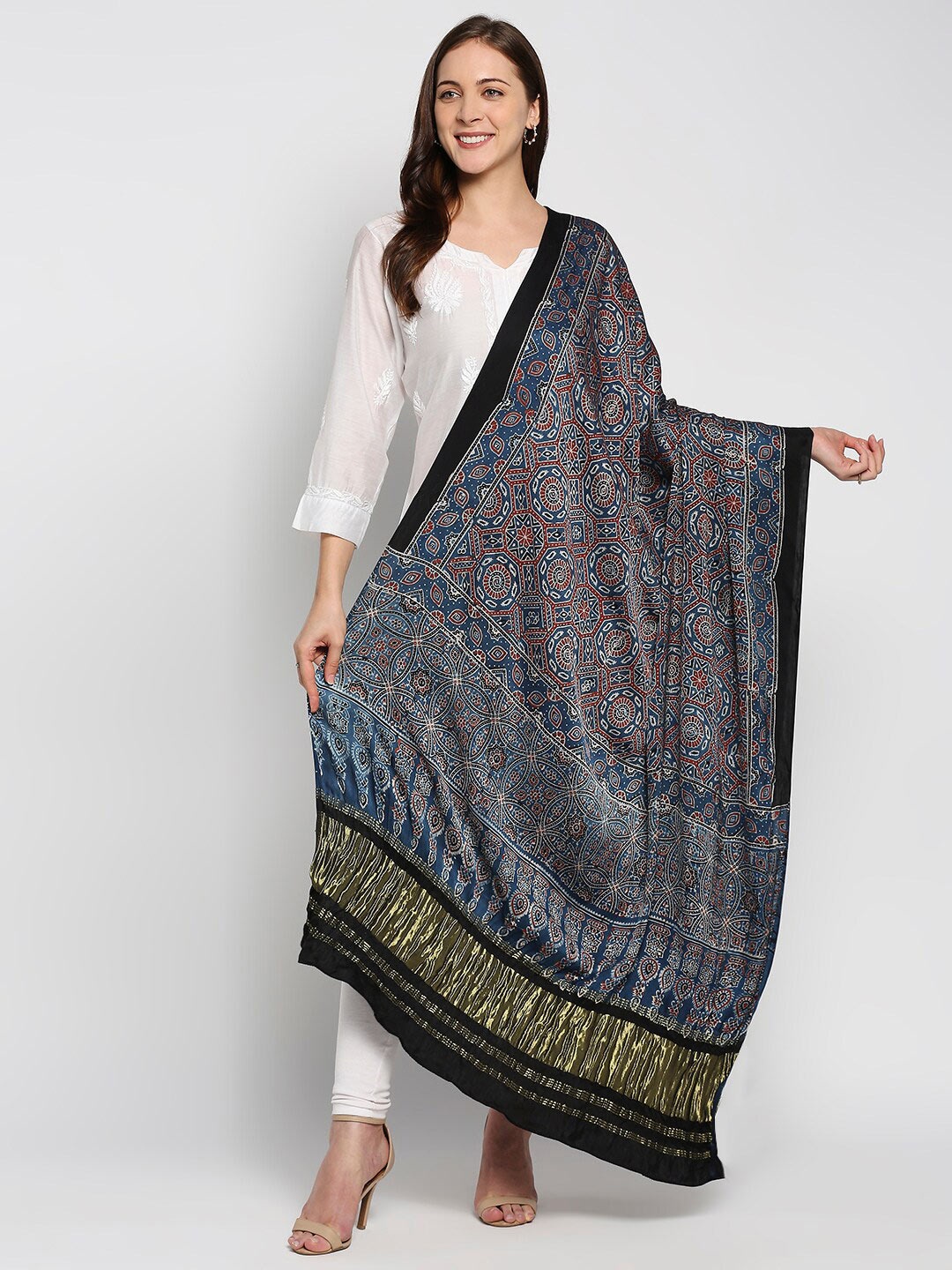 

Dupatta Bazaar Blue & White Ethnic Motifs Printed Pure Silk Block Print Dupatta with Zari