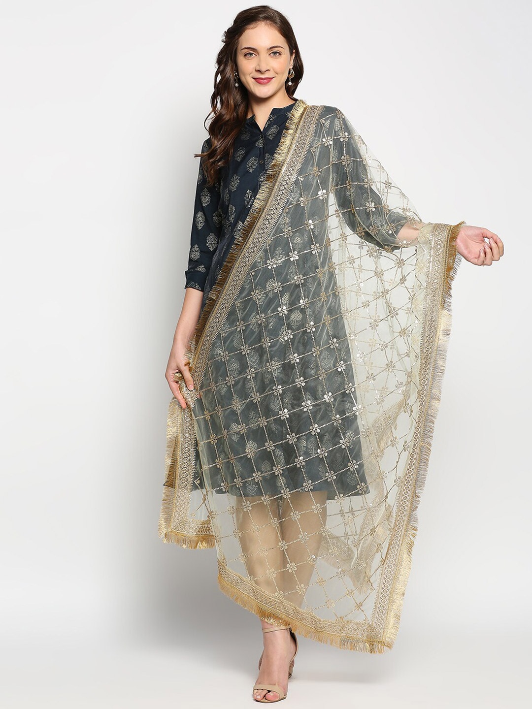 

Dupatta Bazaar Green & Gold-Toned Ethnic Motifs Embroidered Dupatta