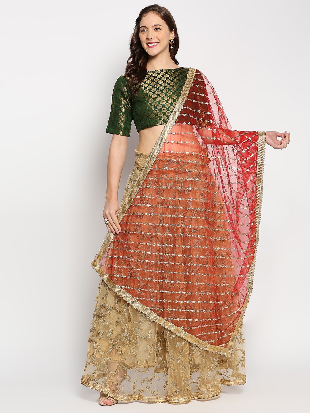 

Dupatta Bazaar Red & Gold-Toned Sequinned Embroidered Dupatta