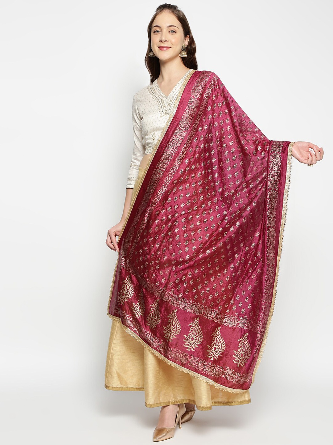 

Dupatta Bazaar Burgundy & Gold-Toned Ethnic Motifs Printed Khari Print Dupatta