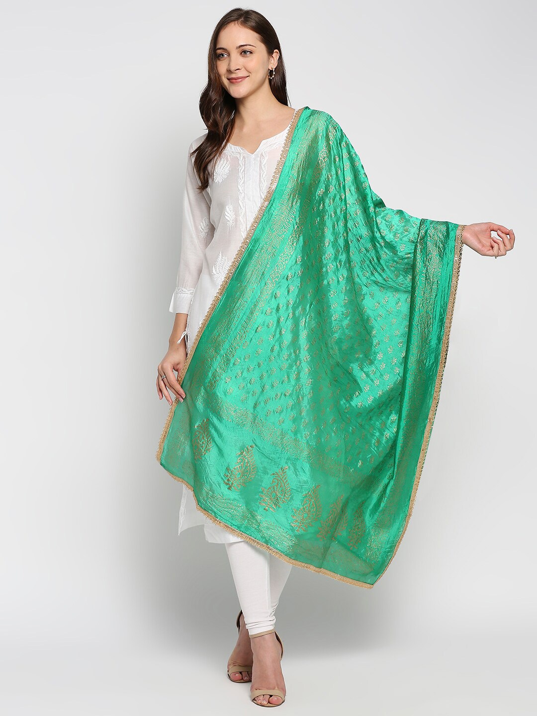 

Dupatta Bazaar Green & Gold-Toned Ethnic Motifs Printed Khari Print Dupatta