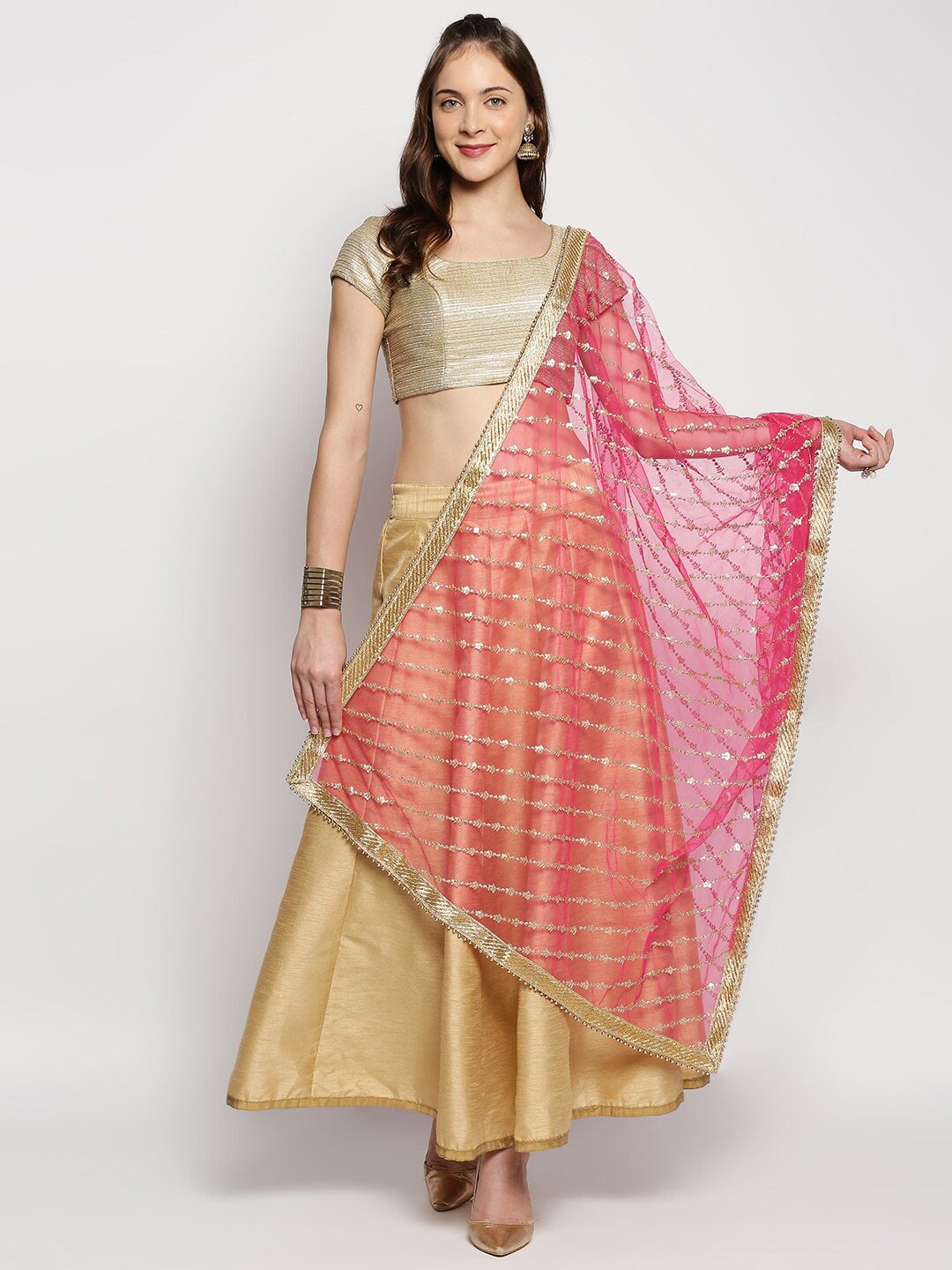 

Dupatta Bazaar Fuchsia & Gold-Toned Ethnic Motifs Embroidered Dupatta with Zardozi