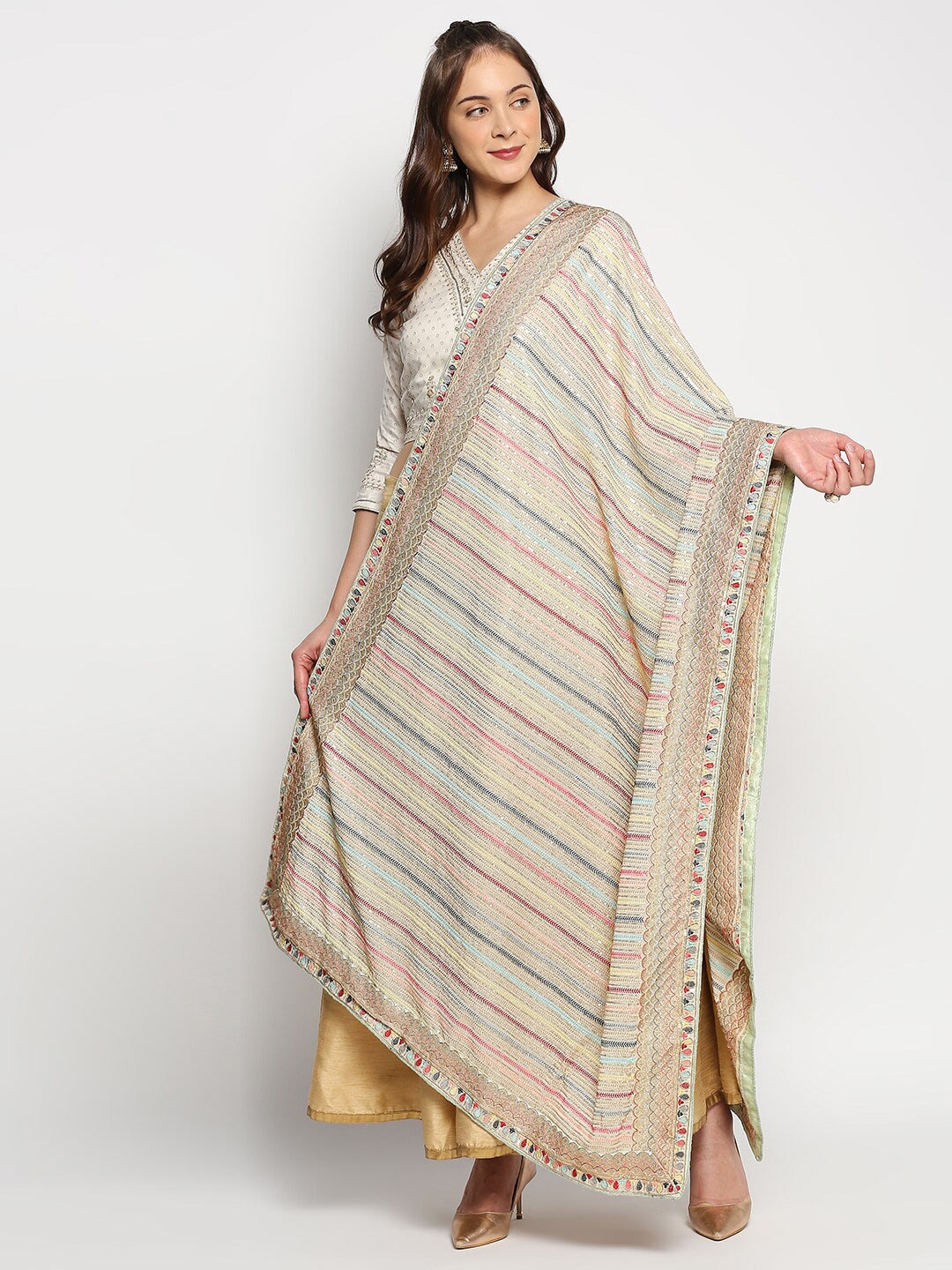 

Dupatta Bazaar Green & Gold-Toned Embroidered Dupatta with Sequinned
