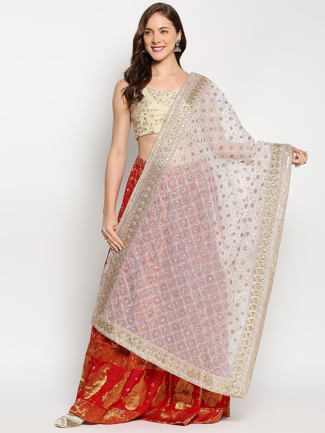 

Dupatta Bazaar White & Gold-Toned Ethnic Motifs Embroidered Dupatta with Zardozi