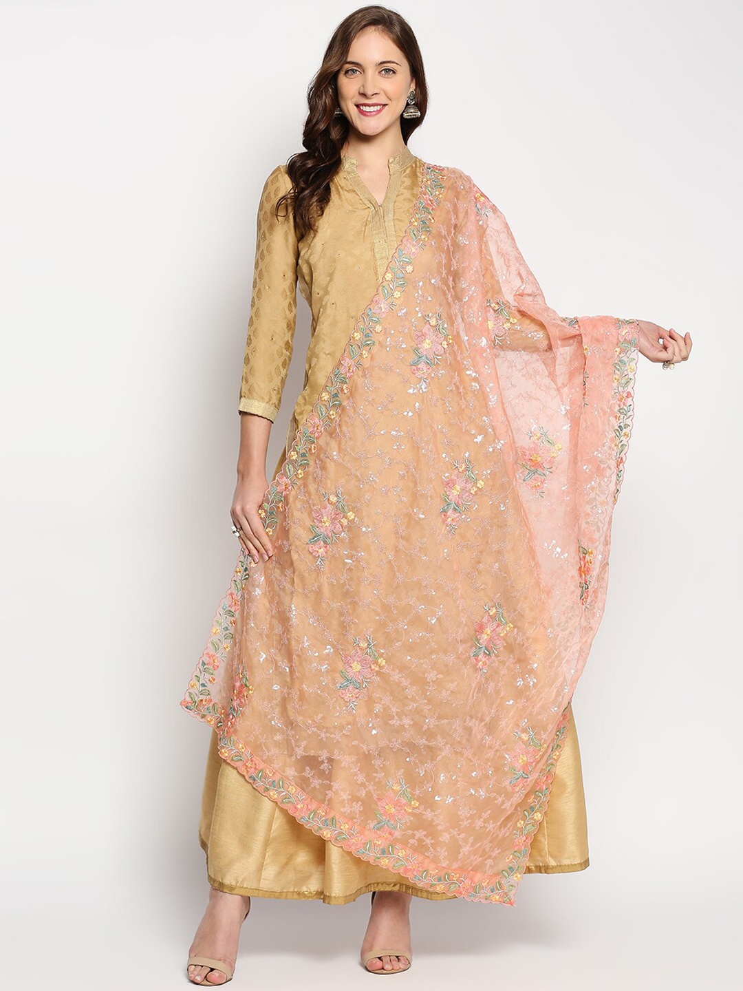 

Dupatta Bazaar Pink & Yellow Floral Embroidered Organza Dupatta