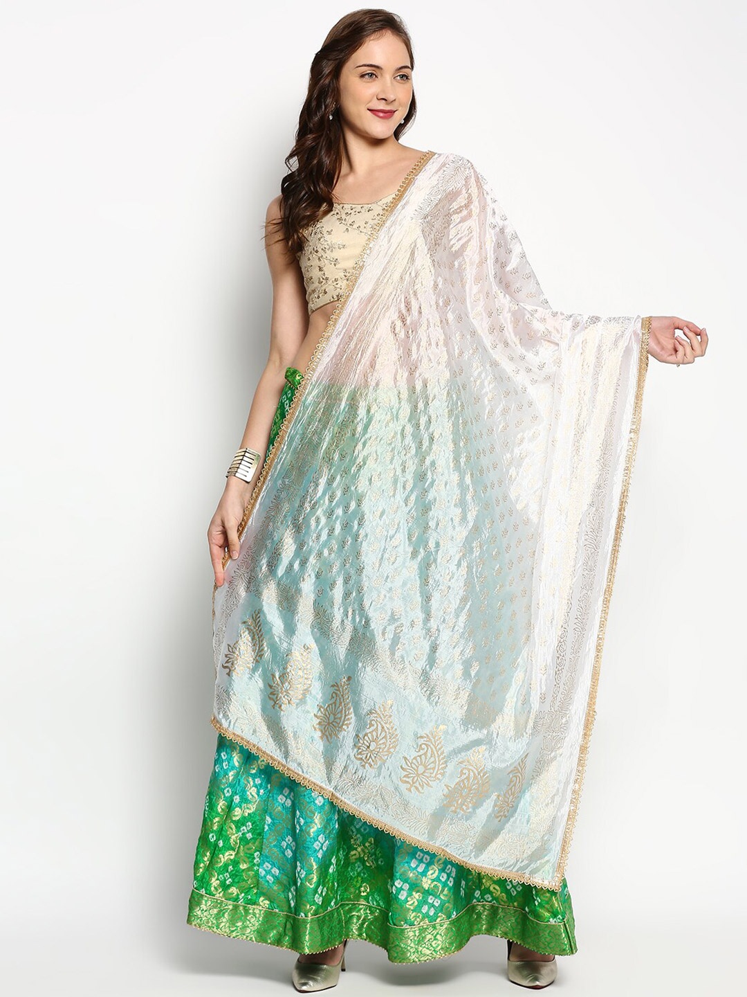 

Dupatta Bazaar White & Gold-Toned Ethnic Motifs Printed Khari Print Dupatta