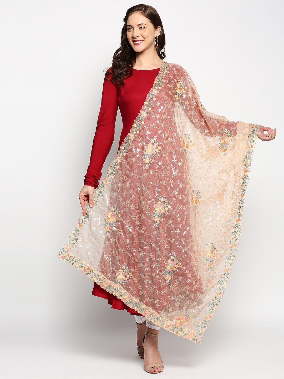 

Dupatta Bazaar Peach-Coloured & Green Floral Embroidered Organza Dupatta