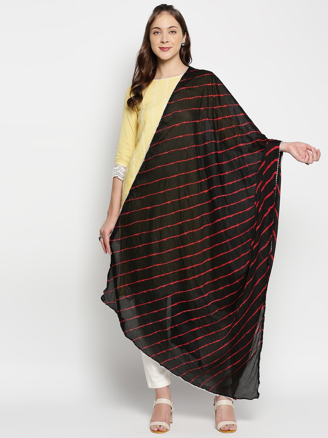 

Dupatta Bazaar Black & Red Striped Leheriya Dupatta