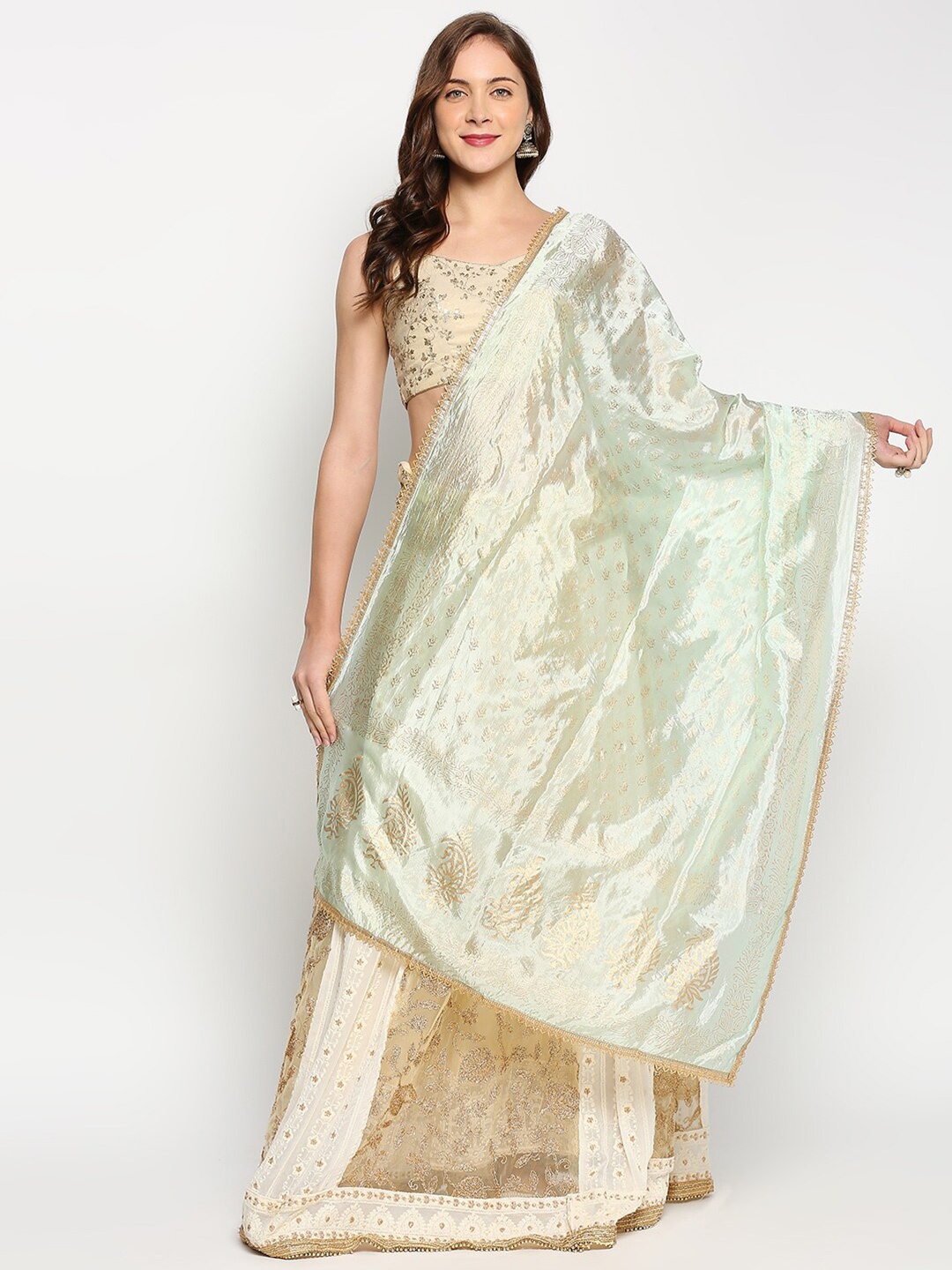 

Dupatta Bazaar Green & Gold-Toned Ethnic Motifs Printed Khari Print Dupatta